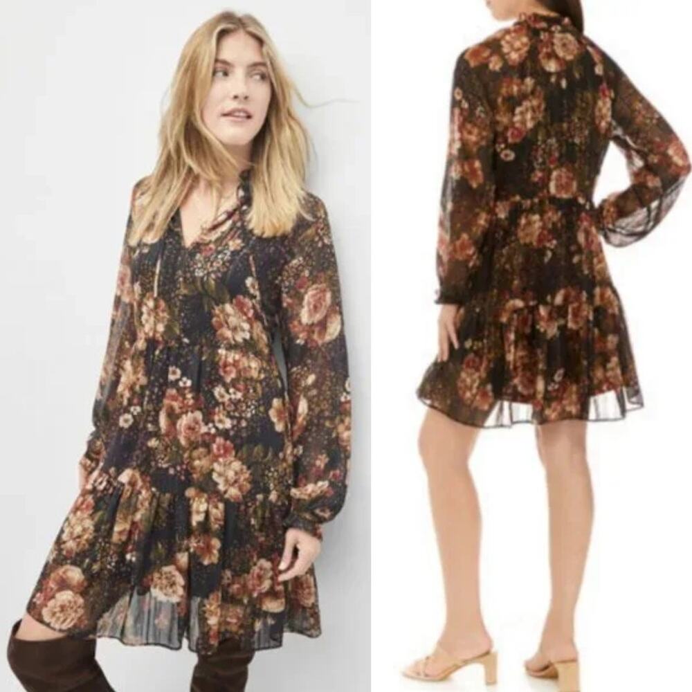 Ronni Nicole Long Sleeve Tie neck Floral Babydoll Mini Dress Size Size 12